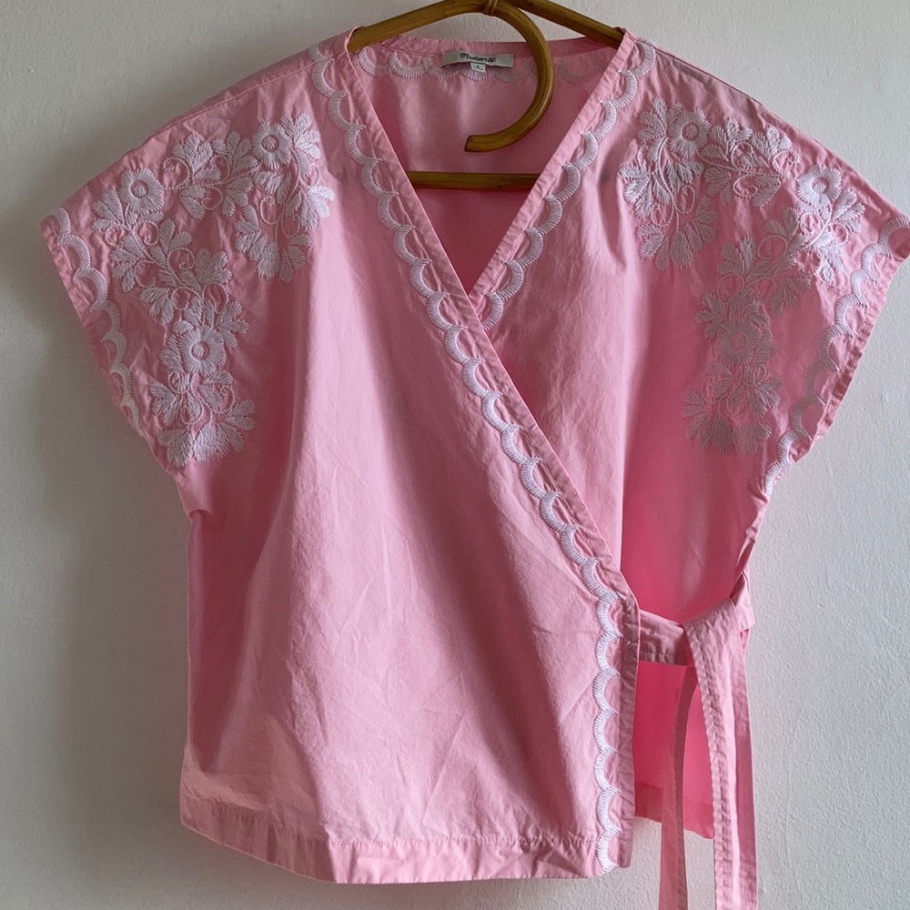 Madewell Pink embroidered side-tie wrap top large - Picture 10 of 10